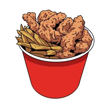 Flour fried chicken and stick potatos in a red bucket Stock Illustration