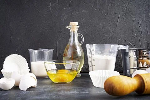 Flour with kitchen accessories for making dough. Dough for baking. Stock Photos