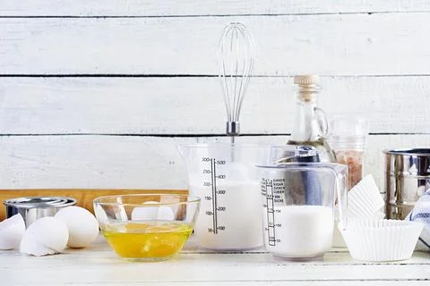 Flour with kitchen accessories for making dough. Dough for baking. Stock Photos