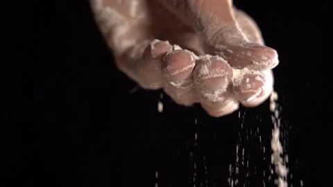Flour on a Man's Palm. Close-up. Rub the Flour With your Fingers Stock Footage 149685985