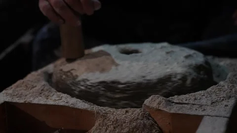 Flour Mill Grinds Wheat Grains, Produces Flour for Artisan Bread, Stone Wheel Stock Footage 297092440