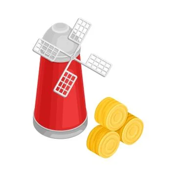 Flour Mill with Rotating Wind-stick and Stacks of Hay Vector Isometric Stock Illustration