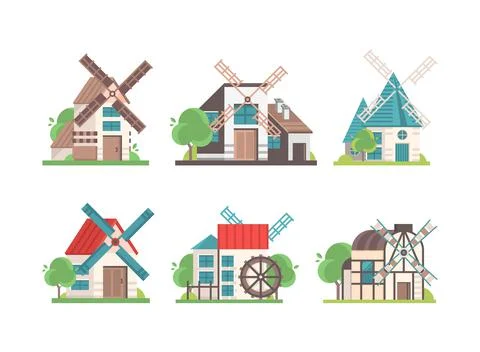 Flour Mill with Rotating Wind-stick or Blades as Rural Area Building Vector Set Ilustración de archivo