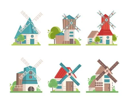 Flour Mill with Rotating Wind-stick or Blades as Rural Area Building Vector Set Ilustración de archivo