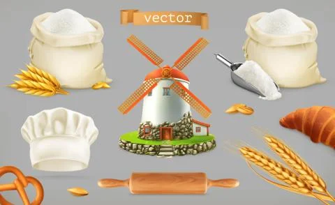 Flour. Mill, wheat, bread, chef hat. 3d vector icon set Stock Illustration