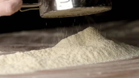 Flour pours out of the sieve on the table, macro Stock-Footage 140258180