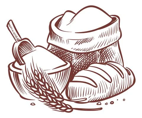 Flour sack with bread and grain. Bakery process concept Stock Illustration