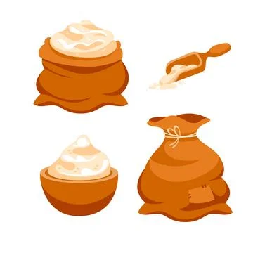 Flour in Scoop and wheat ears set. Bread and harvest agricultural. Powder farm Illustrazione stock