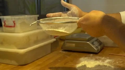 Flour Sifting Close-Up, Preparing Ingredients for Baking and Pastry Making Stock Footage 300889442