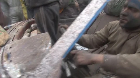 Flour wars men driving old car Stock Footage 87614836