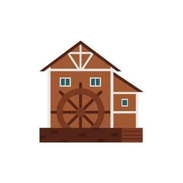 Flour water mill flat vector, retro rural mill building, brown tower with wooden Stock Illustration