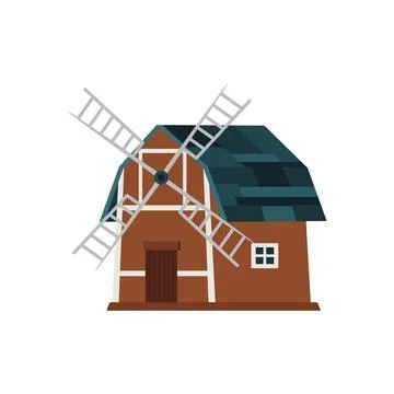 Flour windmill vector flat, retro rural mill building, brown tower with wooden Stock Illustration
