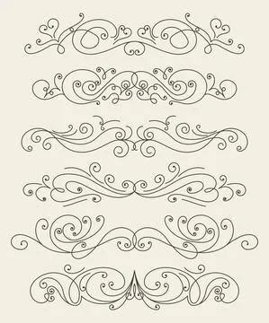 Flourish calligraphic design elements set. Page decoration symbols to embellish Stock Illustration