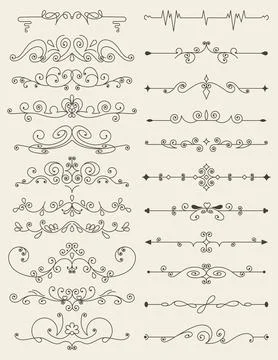 Flourish calligraphic design elements set. Page decoration symbols to embellish Stock Illustration