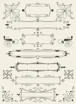 Flourish calligraphic design elements set. Page decoration symbols to embellish Stock Illustration