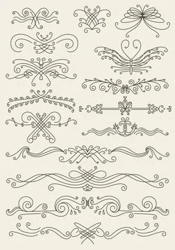 Flourish calligraphic design elements set. Page decoration symbols to embellish Stock Illustration