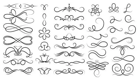Flourish calligraphic design elements set. Vintage swirls and scrolls for page Stock Illustration