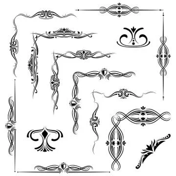 Flourish decorative elements, ornament borders isolated on white Stock Illustration
