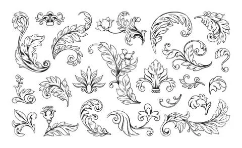 Flourish ornaments set. Filigree pattern frame, Victorian flower border with Illustrazione stock