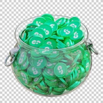 Flow in 3D crypto coin saving bank with stack coins on isolated background Stockfoto's