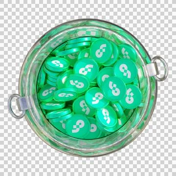 Flow in 3D crypto coin saving bank with stack coins on isolated background Stock Photos