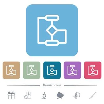 Flow chart outline flat icons on color rounded square backgrounds Illustrazione stock