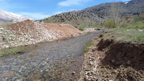 Flow of clear stream from mountains to plain Stockbeeldmateriaal 238032212