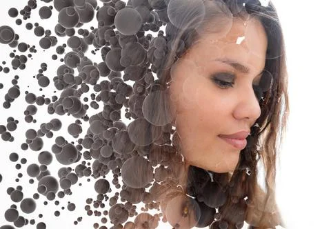 A flow of countless 3D spheres combined with a portrait of an asian woman Stock Photos