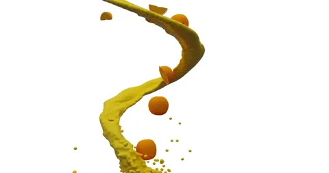 Flow of juice, oranges and orange slices fly up. Stock Footage 97028205