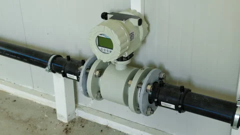 Flow measurement device with digital display mounted on pipeline, showcasing Stock Footage 318709881
