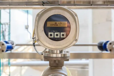 Flow meter system on factory pipeline Stock Photos