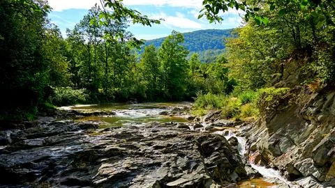 The flow of a mountain river among the stone rocks Stock Photos
