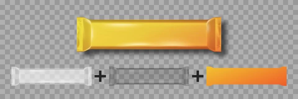 Flow pack mockup. Slim chocolate bar wrap. Orange foil bag. Sugar stick. Blank Illustrazione stock