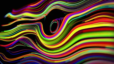 Flow of particles forms curled lines like glow trails of different colors, lines Stock Footage 139976079