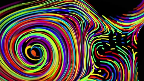 Flow of particles forms curled lines like glow trails of different colors, lines Stock Footage 143482576
