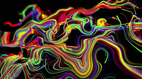 Flow of particles forms curled lines like glow trails of different colors, lines Stock Footage 143482614