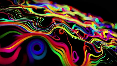 Flow of particles forms curled lines like glow trails of different colors, lines Stock Footage 147558181