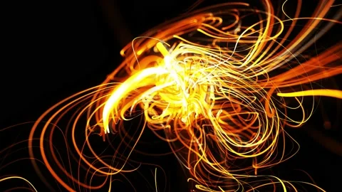 Flow of particles forms curled yellow lines like glow light trails or streaks Video stock 140959047