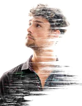 A flow of pixels and double exposure portrait Stock Photos