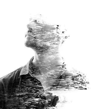 A flow of pixels dissolving a person into emptiness Stock Photos