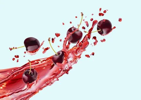 Flow of red cherry juice with cherry pieces, drops, splashes fly on blue back Stock Photos