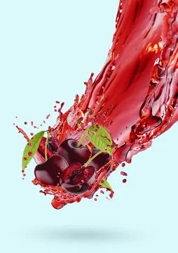 Flow of red cherry juice with cherry pieces, green leaves, drops, splashes in Stock Photos