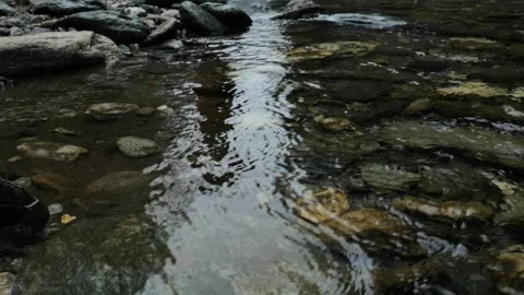 Flow of a rocky mountain river and falling snow in the cold season. Austria Stock Footage 259866088