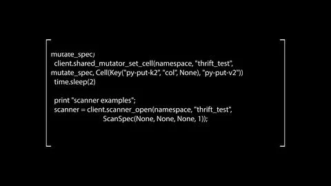A flow of scrambled source code text on screen, fast scrolling. White charact Stock Illustration
