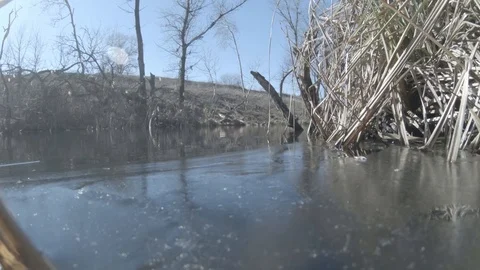  Flow of a small river between the reeds in the winter season.  Video stock 104205663