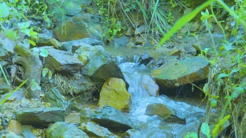 Flow of Tranquility: A Stream Cascading Over Rocks in Nature Stock Footage 285698933