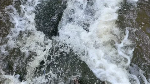 The flow of water hits the rocks in foam. River flowing into the rocks. Stock Footage 207027353