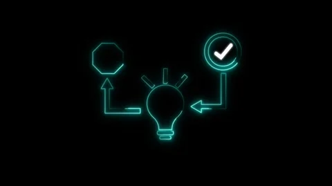 Flowchart animation with light bulb idea icon. Cyan neon flowchart process .. Stock Footage 337131692