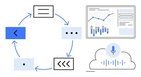 Flowchart with arrows, blocks, and symbols showing sequential steps. Graph an Stock Illustration