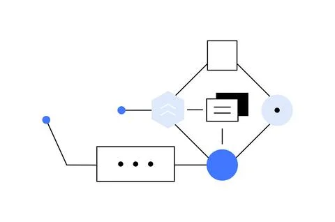 Flowchart with blue, black elements representing process flow, operation sequ Stock Illustration